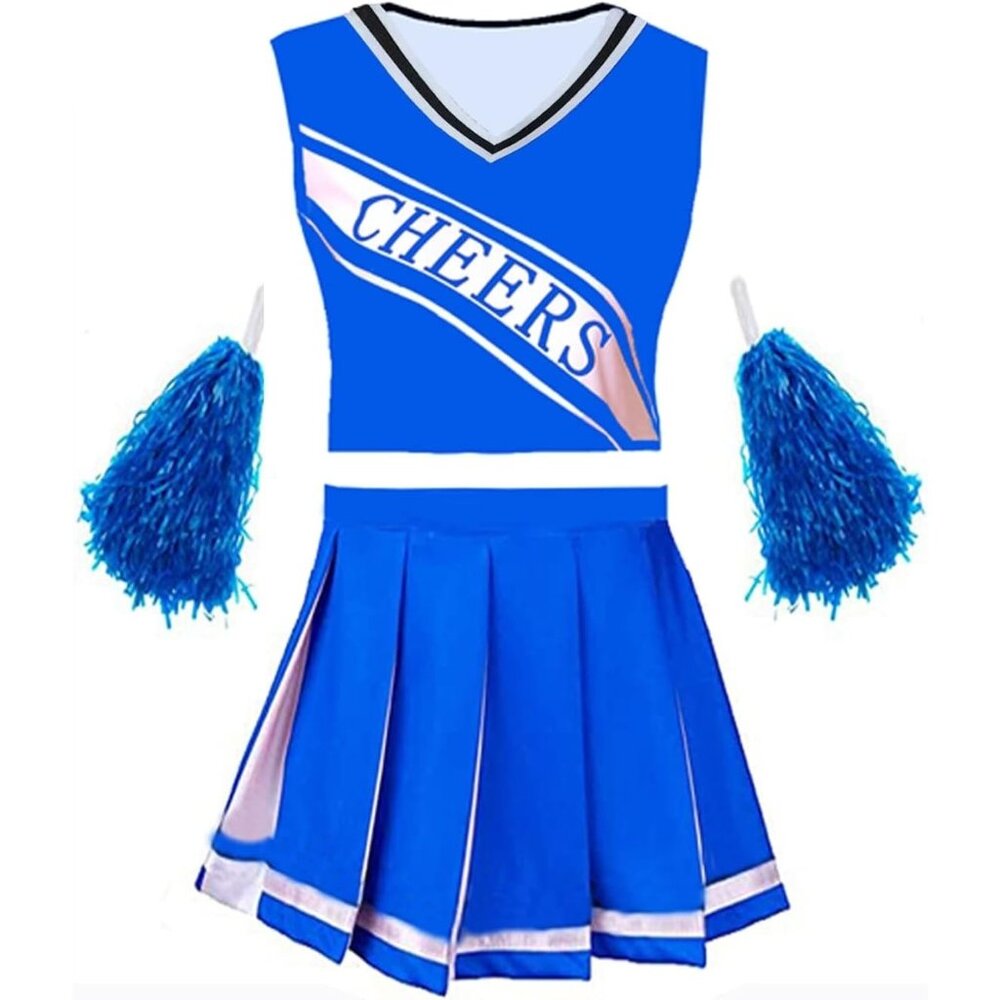 Women's Blue Cheerleader Costume School Uniform Dress + Pom Poms MEDIUM
